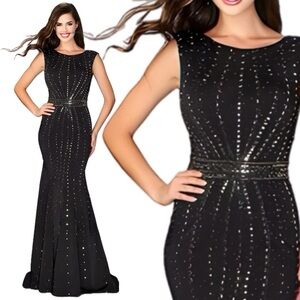 NWT LA FEMME 23680 Black Mermaid Gown with Silver Metallic Beading Size 8